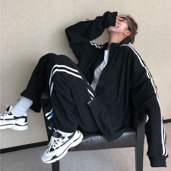 

womens two piece pants autumn hip hop fashion korean chic solid twopiece casual ulzzang streetwear harajuku slim vintage zipper female suit, White