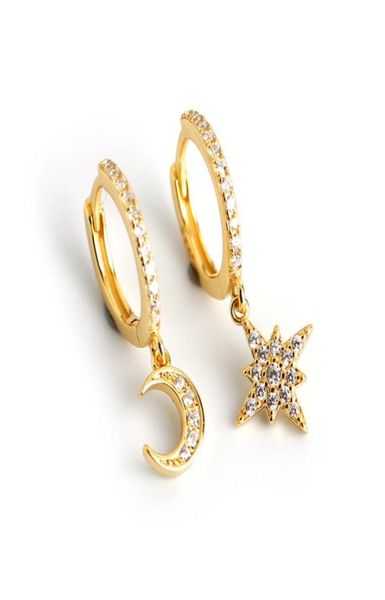 

925 sterling silver woman charm earrings retro simple cubic zirconia earring star crescent moon jewellery china facto4887856, Golden