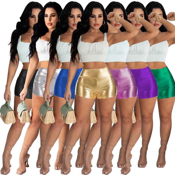 

t23406 women's multi color metal matte shorts nightclub style, White;black