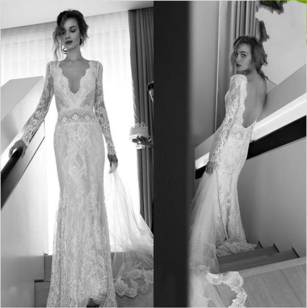 

long sleeved lace wedding dresses lihi hod sheath bridal gowns with deep v neck backless fitted brides dress custom made vint3859285, White