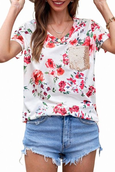

white sequin pocket v neck floral t-shirt 2023 new r1ke#