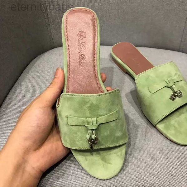 

summer loro piana charms slides embellished suede slippers luxe sandals shoes genuine leather open toe casual flats for women luxury designe, Black