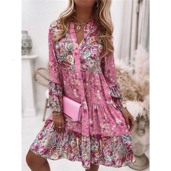 

basic casual dresses women floral print dress oversize elegant pleated long sleeve female v neck loose bohemian beach holiday 230519, Black;gray