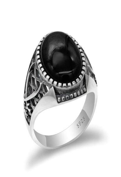 

925 sterling silver vintage men ring with black agate stone ring double swords thai silver style for manturkish handmade jewelry8662536, Golden;silver
