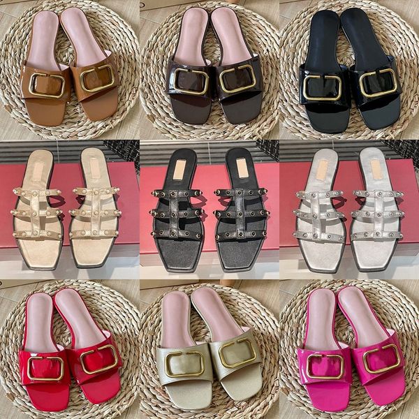 

summer riveted slippers new luxury designer sandals women's classic platform shoes patent leather beach shoes fashion lambskin flats co, Black
