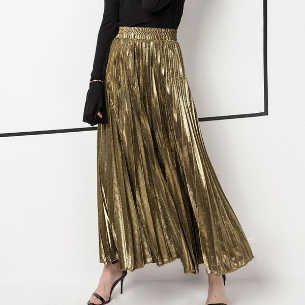 

skirts xpqbb spring summer pleated skirt for women fashion high waist a-line long skirt woman gold silver big hem beach midi skirt 230519, Black