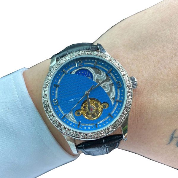 

genuine leather strap mens watches mechanical automatic movement designer luxury men watch moon phase wristwatches for man christmas valenti, Slivery;brown