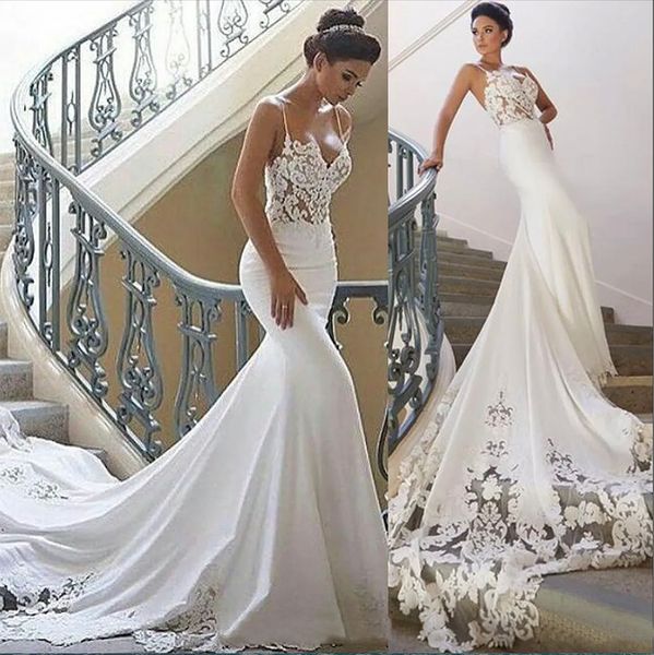 

mermaid wedding dresses spaghetti straps lace appliques satin illusion sleeveless court train beach boho arabic formal bridal gowns, White