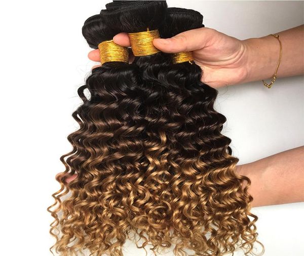 

new arrive peruvian dark brown blonde virgin human hair bundles 3 tone 1b427 colored deep wave curly human hair extension4644913, Black