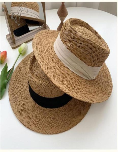

romantic lady ribbon straw hat sunhat summer web celebrity suntan vacation beach travel stingy brim hats9672742, Blue;gray