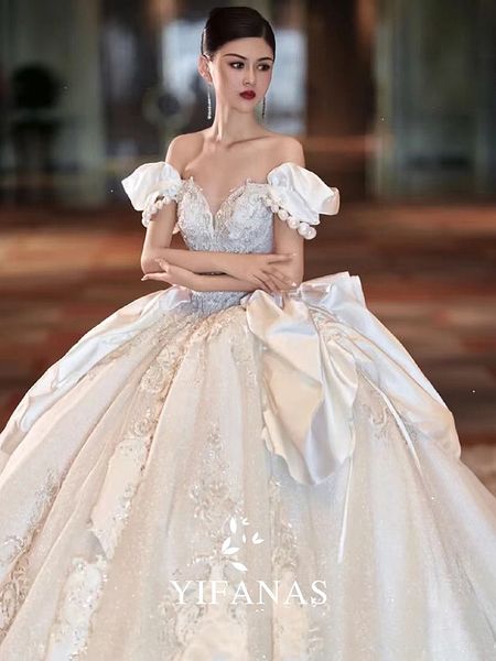 

luxury wedding dress off shoulder beading applique pearl sequined long tailing bow ball court style a-line for women bridal gown, White