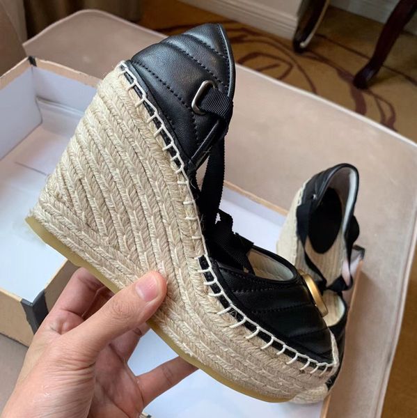 

luxury brand slope heel women shoes leather super highshoes ladies thick bottom handmade woven retro sandals, Black