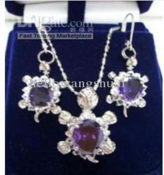 

amethyst silver crystal turtle pendant chain earrings gemstone jewelry sets2522004