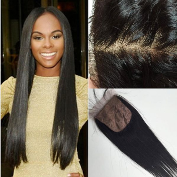 

virgin brazilian hair silk base closure 4x4 silk lace closure with baby hair bleached knots middle 3 way part3082391, Black