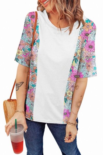 

white floral print patchwork short sleeve g51k#
