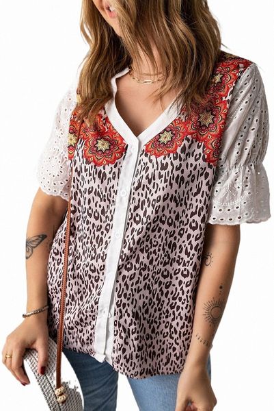 

leopard mandala hollow-out sleeves t-shirt 2023 new o1me#, White