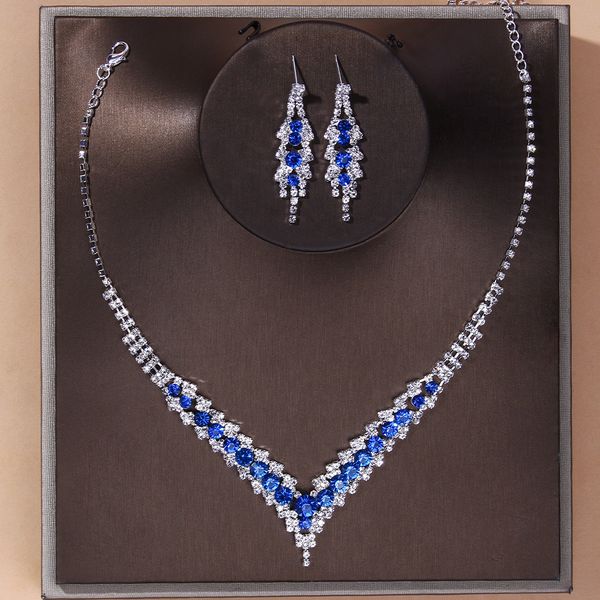 

wedding jewelry sets treazy elegant blue crystal bridal set for women silver plated v shape choker necklace earrings 230519, Slivery;golden