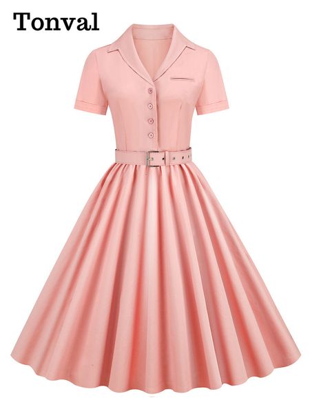 

basic casual dresses tonval pink solid cotton long robe button up plain vintage elegant women short sleeve belted pleated midi swing dresses, Black;gray