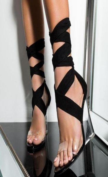 

ankle wrap clear heels fashion women shoes gladiator women sandals women platform wedges heels sandals size 35 to 415897870, Black