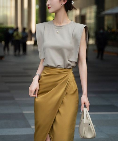 

two piece dress french chic unique skirt cold tied half skirt suit summer, White