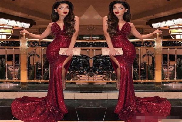 

sparkly dark red sequins prom dresses deep v neck pleats ruched sweep train high slit split custom made 2019 formal evening party 5870794, Black