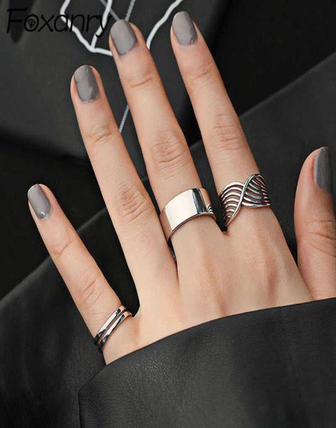 

foxanry minimalist 925 sterling silver rings vintage trendy multilayer lines hollow geometric party jewelry gifts for women q07087742550