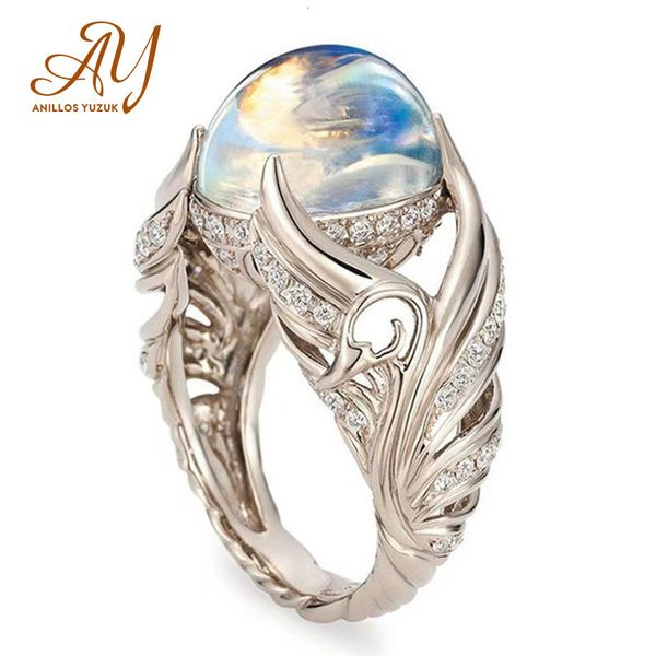 

couple rings anillos yuzuk silver jewelry ring vintage colorful big circular cut women with angel wings moonstone femme 230519