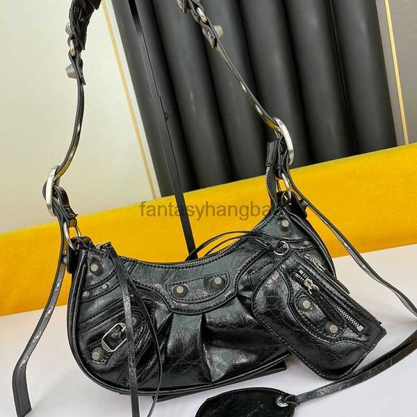 

xs le cagole shoulder bag black piercing silver hardware women's messenger single handbag leather underarm half hobo motorcycle bag car