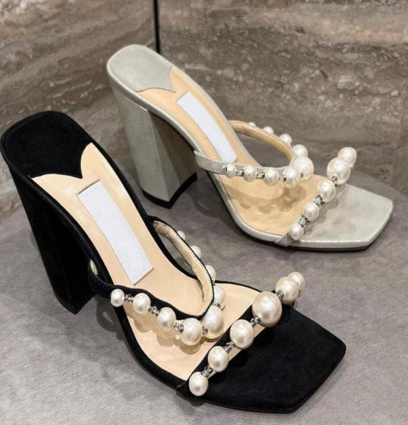 

luxury brand london amara sandals nappa leather shoes for women pearl sandal embellishment strap 85mm block heels mules lady casua6940443, Black