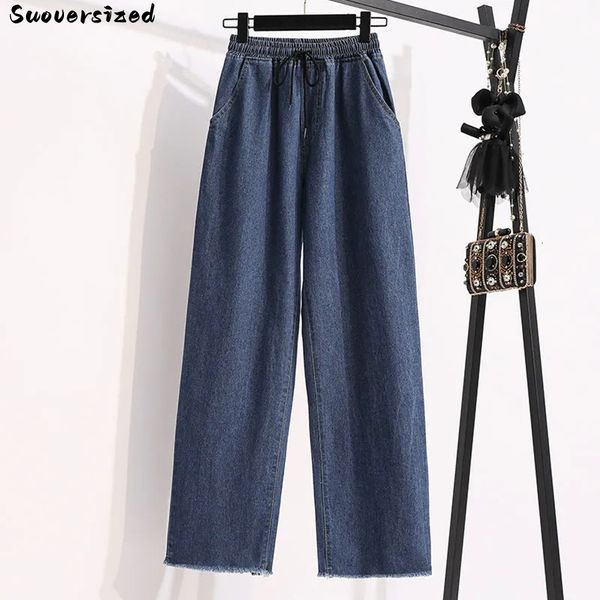 

women's jeans elastic high waist ankle-length straight jeans for women oversize 5xl baggy wide leg denim pant casual vaquero korean pan, Blue