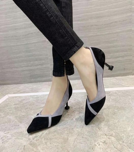 

2020031802y black grey suede genuine leather matched kitten heels shoes ladies fashion1373782