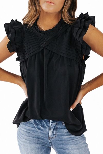 

black ruffle sleeve pleated yoke loose 2023 new f8uc#, White