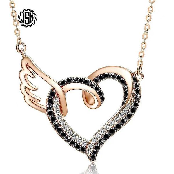 

jewelry pendant necklace new fashion love shaped black necklace copper plated wings with diamond zircon pendant