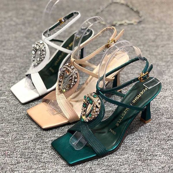 

2023 summer new fine heel mesh red genuine leather sandals water diamond versatile high heels sheepskin women's shoes, Black