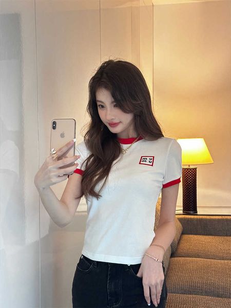 

2023 summer new age reducing casual versatile flocking letter contrast round neck short t-shirt for women, White