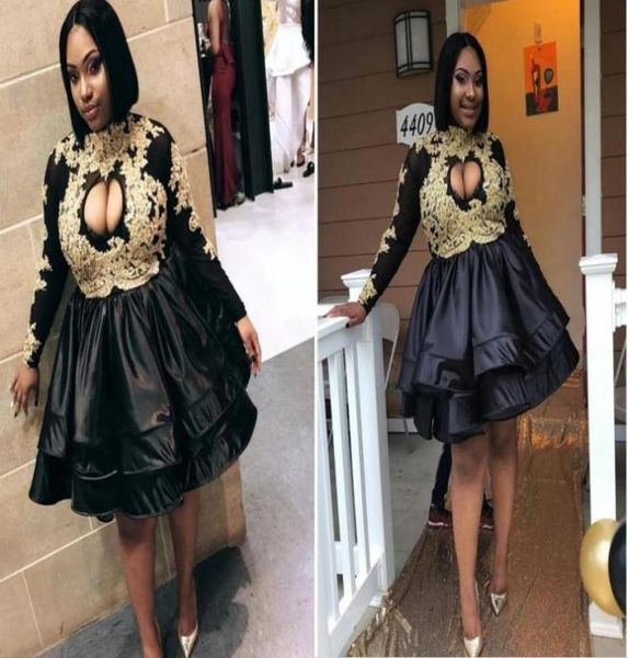 

2022 black and gold embroidery lace knee length prom dresses keyhole neck with long sleeves a line evening formal pageant dre5863662