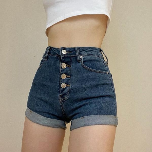 

jeans womengaga summer vintage single breasted cuffs detail stretch shorts women casual washed denim short jeans 5yom, Blue