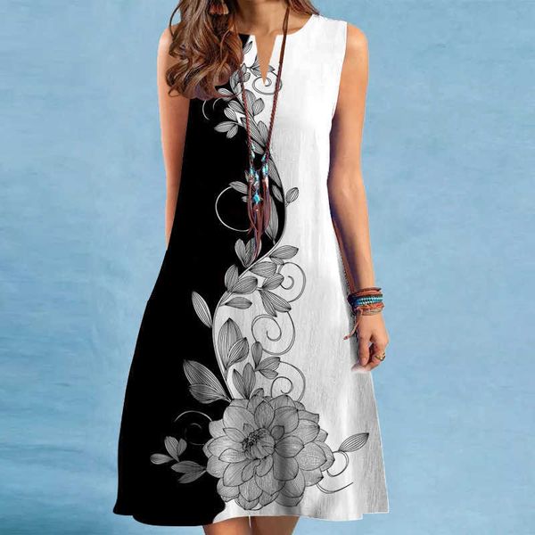 

women's new v-neck sleeveless printed large swing mid length dress, White