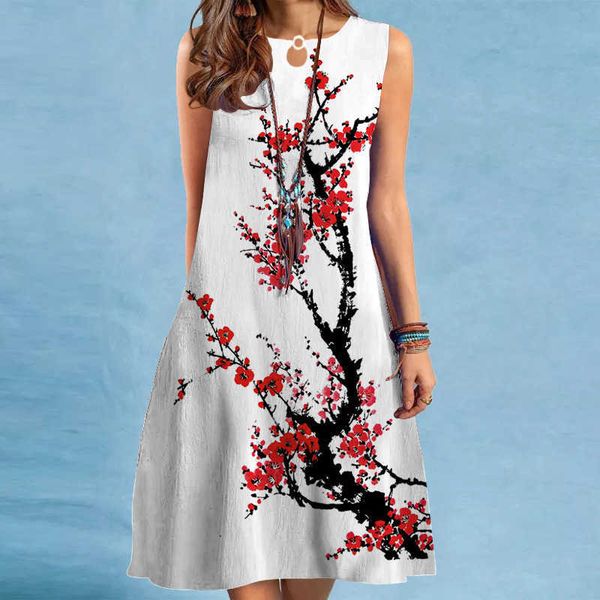 

summer long swing loose sleeveless printed dress, White