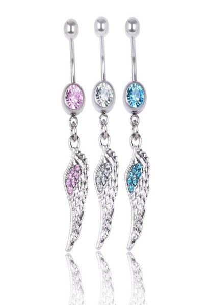 

feather wing navel button ring clear aqua pink colors rhinestone piercing body jewlery 161085 belly ring 3 colors accessories1178687, Silver