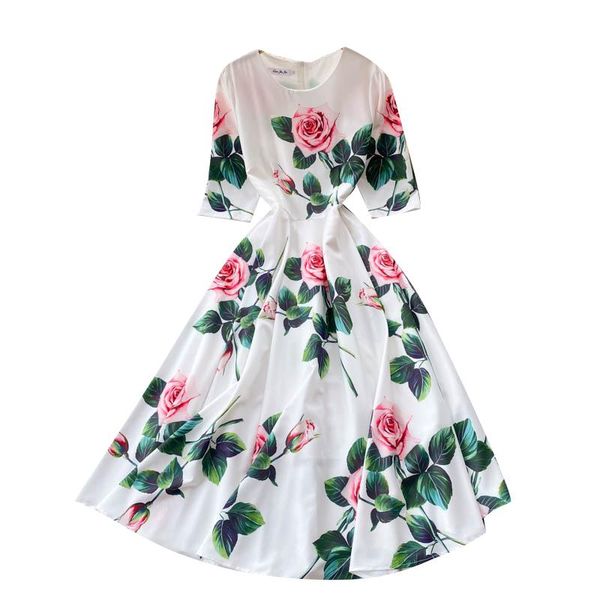 

dresses new spring summer women oneck half sleeve big hem slim long dress rose flowers print runway dress, Black;gray