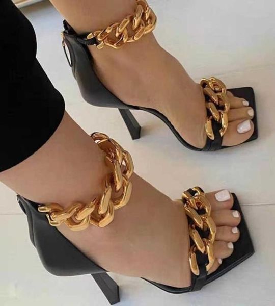 

rimocy metal chain high heels sandals women summer thin heel ankle strap party shoes woman fashion square toe pumps mujer 2107990319, Black