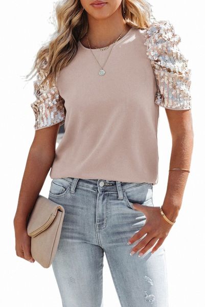 

khaki ruched sequin sleeve crew neck 2023 new m4pu#, White
