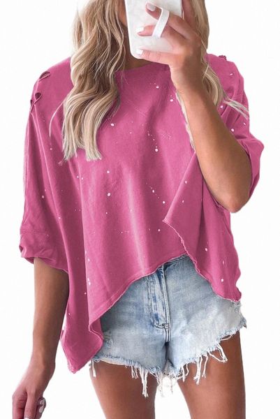 

pink distressed bleached asymmetric hem short sleeve y93q#, White