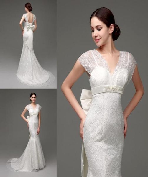 

2015 mermaid lace wedding dresses in stock cap sleeves backless bridal gowns with detachable big bow vneck designer wedding dress5948900, White