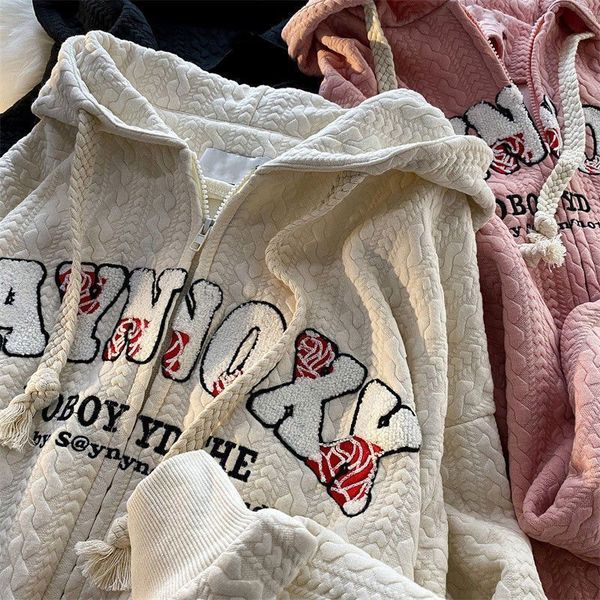 

women's jackets vintage fashion flocking niche cardigan letter zip hoodie women autumn loose couple coat y2k kawaii sweatshirt harajuku, Black;brown