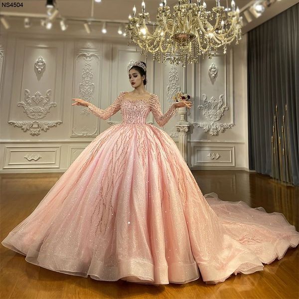 

luxury ball gown pink wedding dresses long sleeves bridal gowns custom made long sleeve arabic church robe de marriage, White