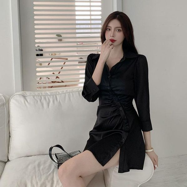 

dresses shirt skirt france women irregular dress ladies thin shirring temperament silk dresses autumn laid back vacation dress 2021, Black;gray
