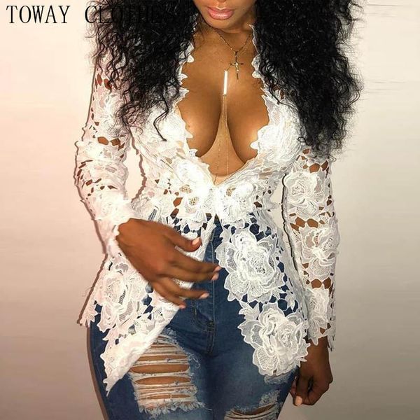 

t-shirt women long sleeve low cut v neck floral lace shirt blouse, White