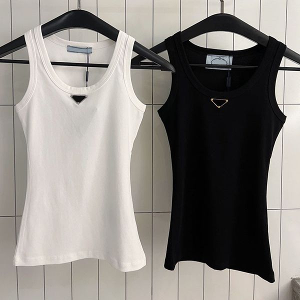 

women cropped triangle badge tank cotton ladies sport vest classic sleeveless tees for female, White